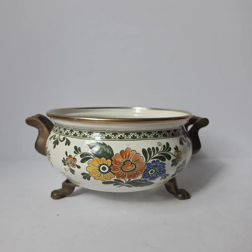 Vintage ASTA Germany Enamel Tea Kettle With Warmer Stand Floral Mid Century